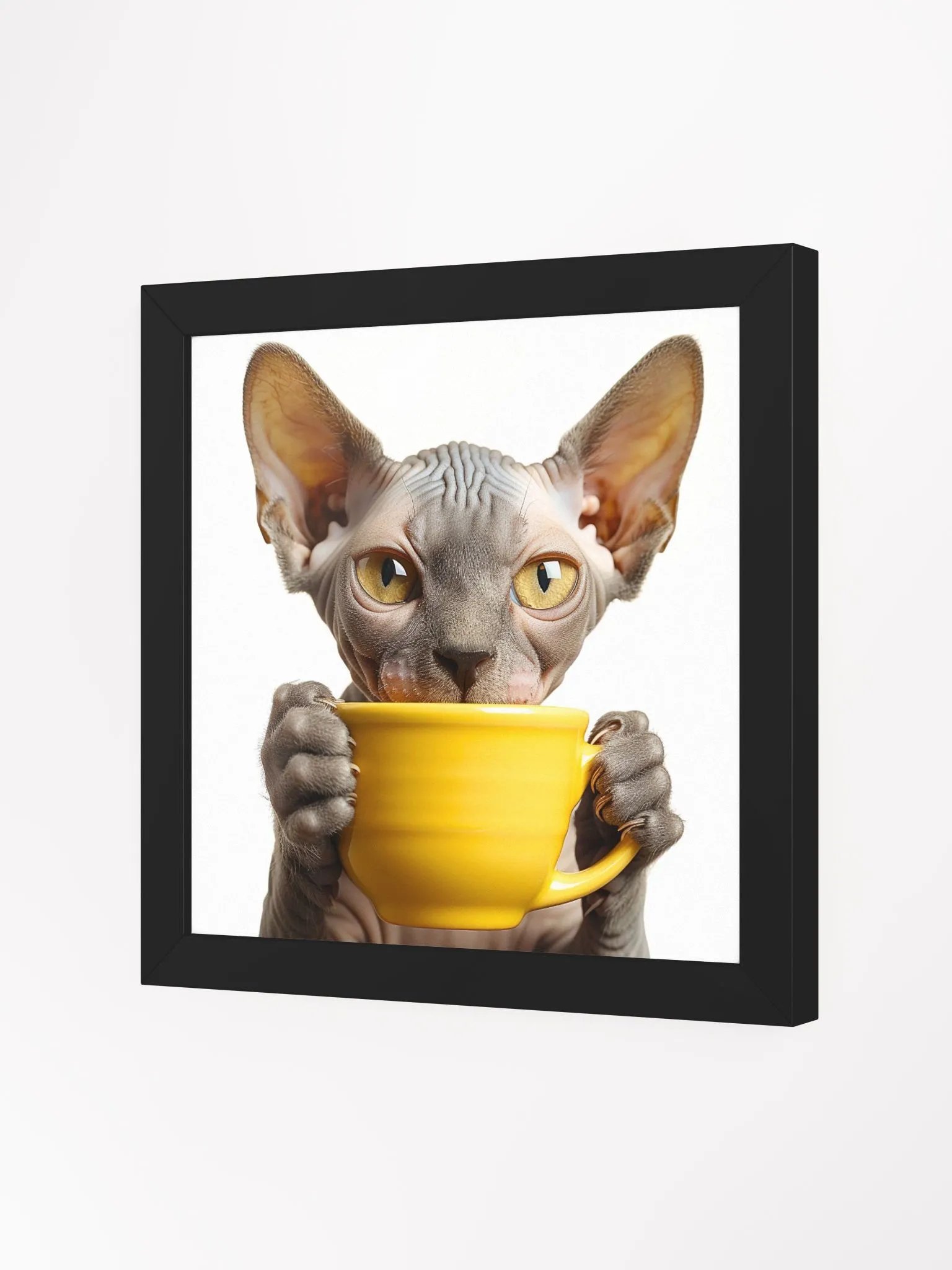 Coffee Lover Cute Grey Hairless Sphynx Kitten Framed Wall Art product image (3)