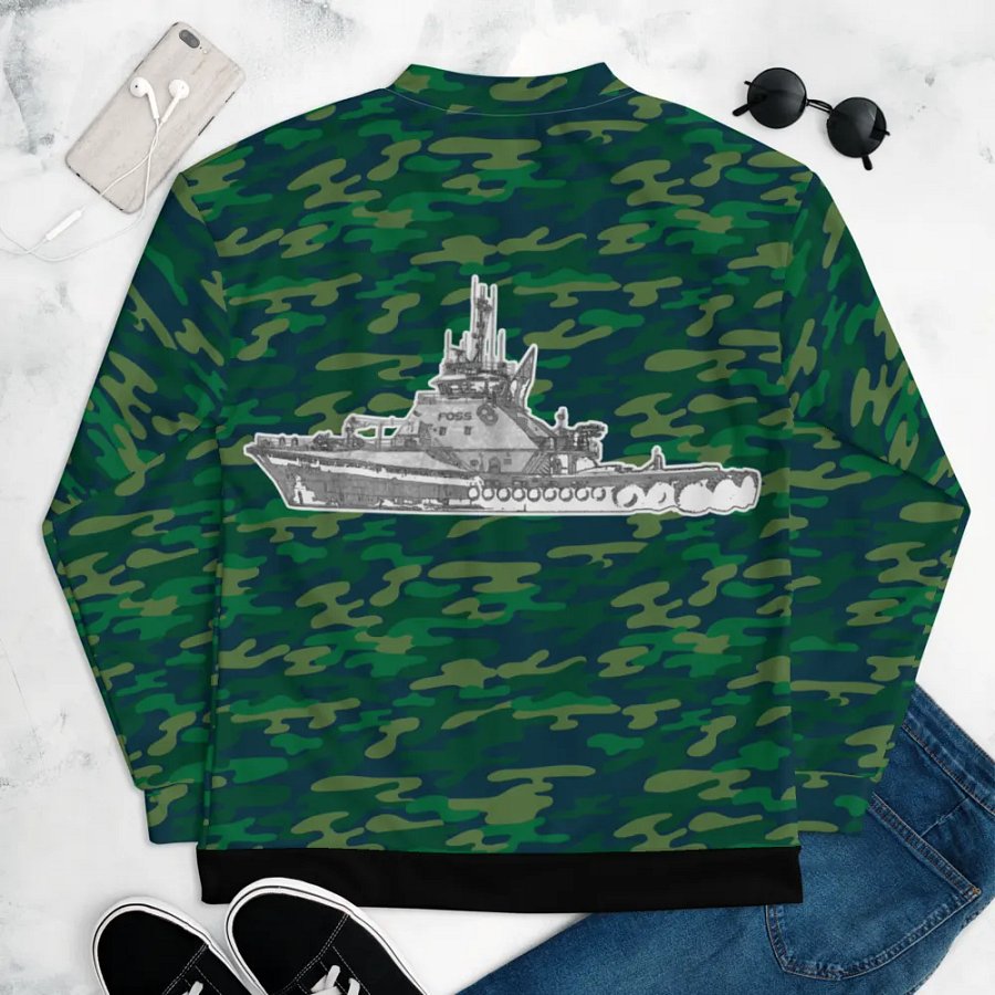 Foss Tugboat Sketch Teal Camouflage Bomber Jacket product image (9)