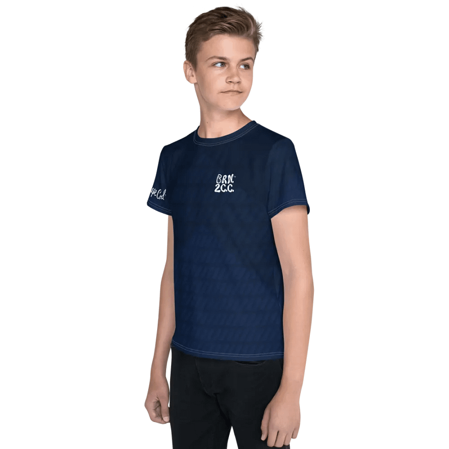 🦈 YOUTH | Boys’ | BOURNE to Cape Cod™ | Logo Tee – All-Over Print | BRN.2C.C.™ | Coastal Explorer Edition 🧭| White Logo on Dark Blue Abstract product image (3)