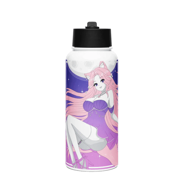 Moonlit Cat Stainless Steel Water Bottle (B & W) product image (1)