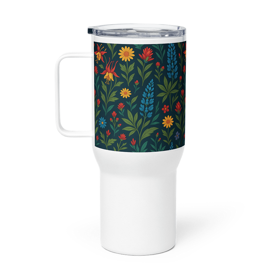 Floral Travel Mug with Handle – Dark Botanical Print with Daisies, Lilies & Wildflowers product image (1)