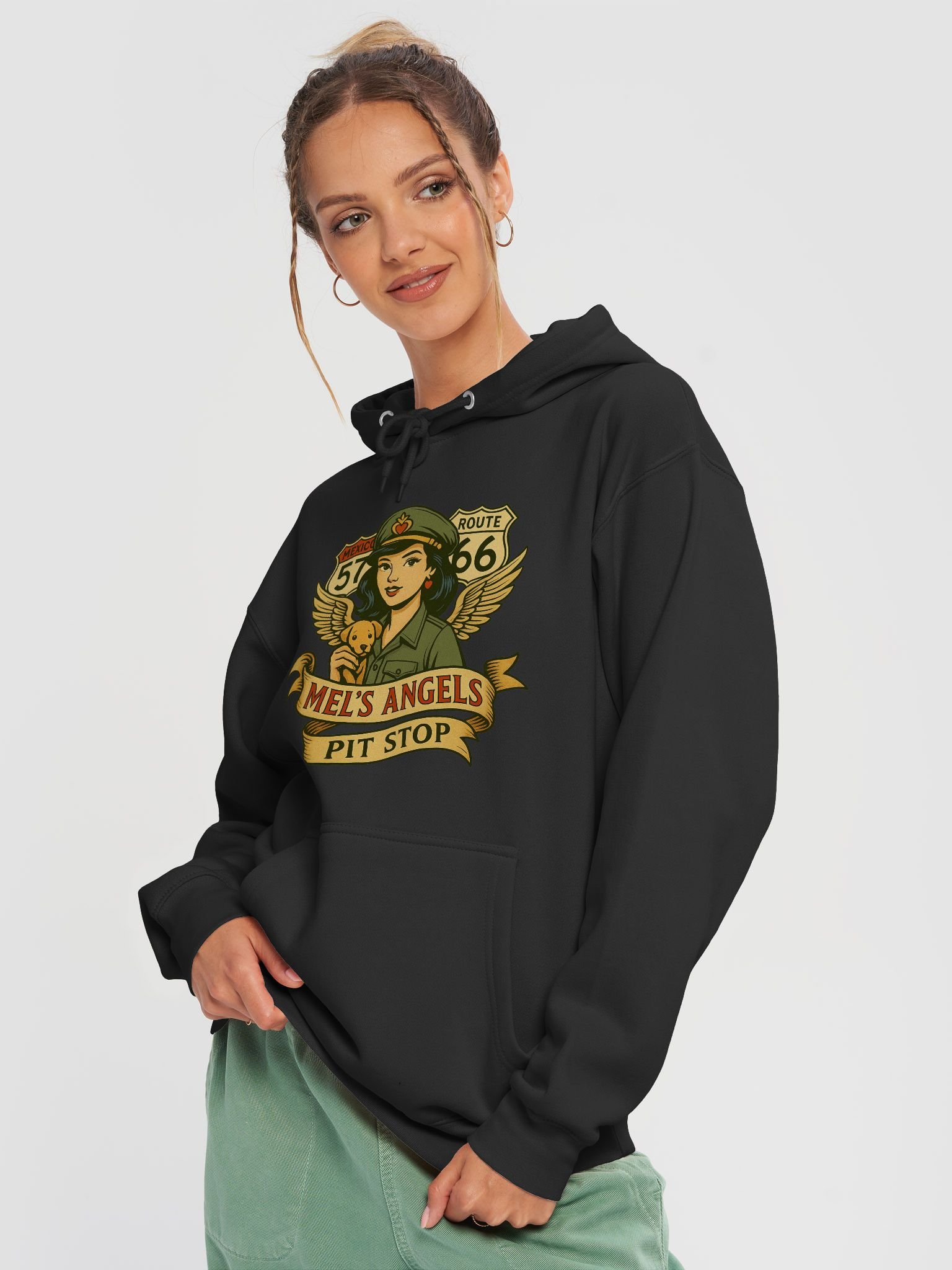 Mel’s Angels Pit Stop Hoodie – Retro Biker Pin-Up & Route 66 Graphic Sweatshirt product image (9)