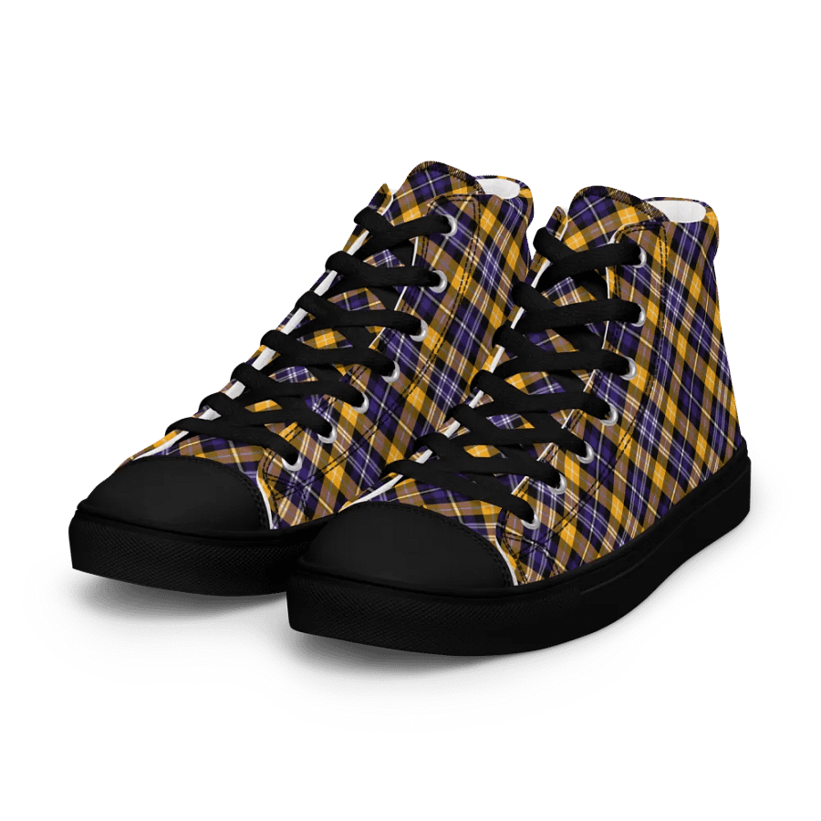 Purple and Yellow Gold Sporty Plaid Men's High Top Shoes product image (2)