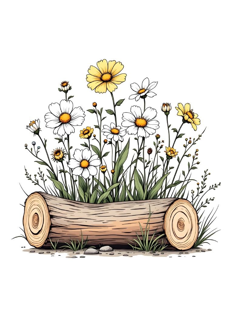 20 Wildflowers on Log Clipart Designs - Rustic Floral Illustrations Bundle for Crafts and Design Projects product image (2)