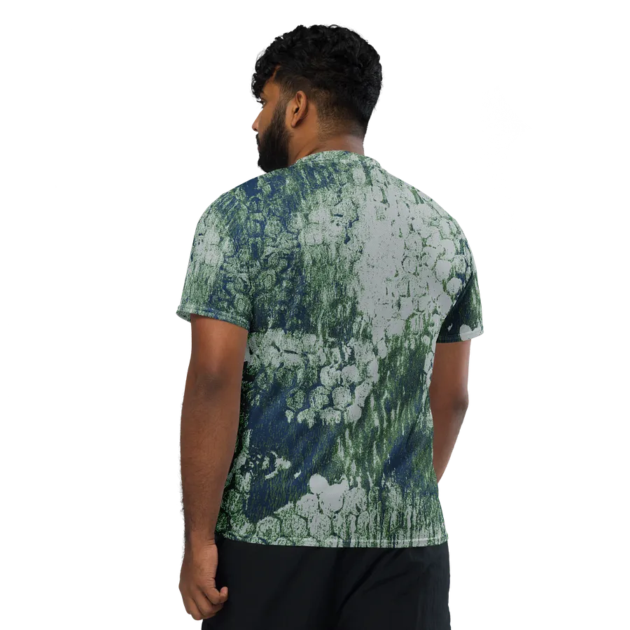 Honeycomb Grunge Unisex T-shirt in Mossy Green and Deep Blue on Bright Sand product image (7)