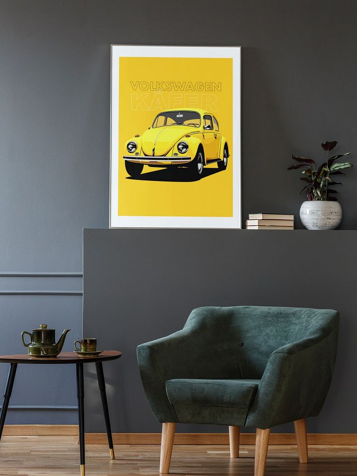 Iconic Yellow Volkswagen Beetle Poster, Vintage VW Käfer Wall Art, Classic Car Enthusiast Gift, Retro Automotive Decor, Collector's Print product image (2)