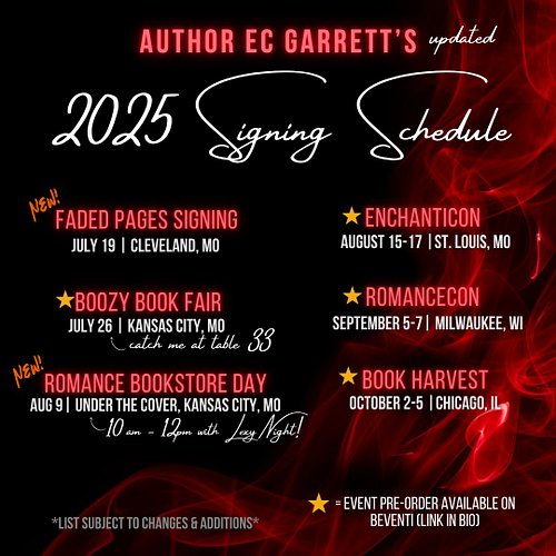 UPDATED SIGNING SCHEDULE. 

Come see me next weekend in Cleveland, MO at Faded Pages! 

PLUS, July 26th, I'll be at Boozy Boo...