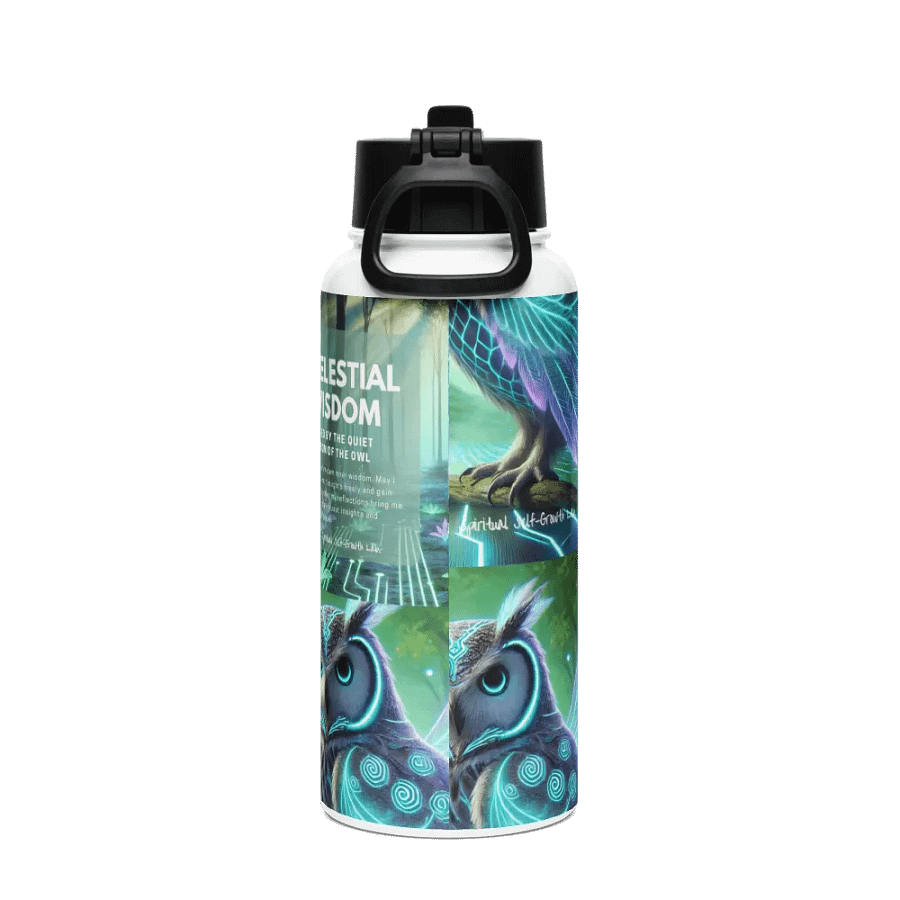 "Celestial Wisdom" Futuristic Owl Stainless Steel water bottle – A Symbol of Insight and Spiritual Balance product image (2)
