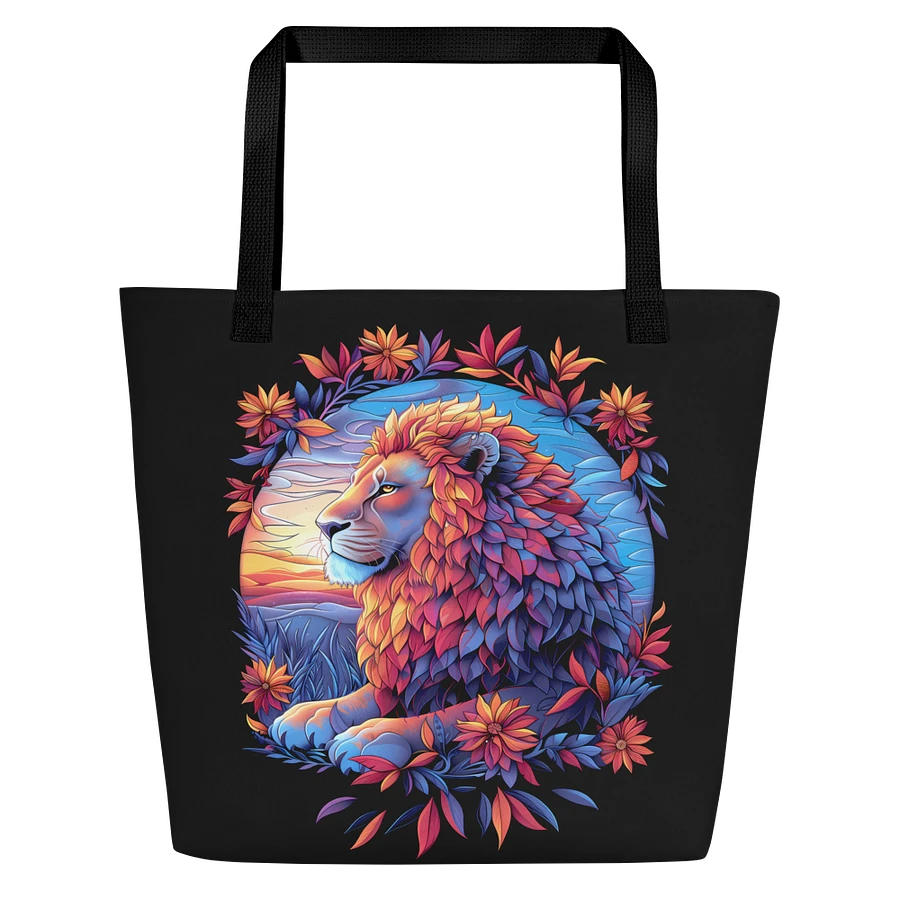 Tote Bag: Tranquil Lion Sunset Backdrop Quiet Courage Stylish Floral Art Style Design product image (3)