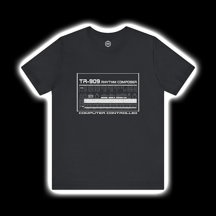 TR-909 T-Shirt - Roland 909 Rhythm Composer Drum Machine by Vintage Voltage (WHITE PRINT) product image (1)