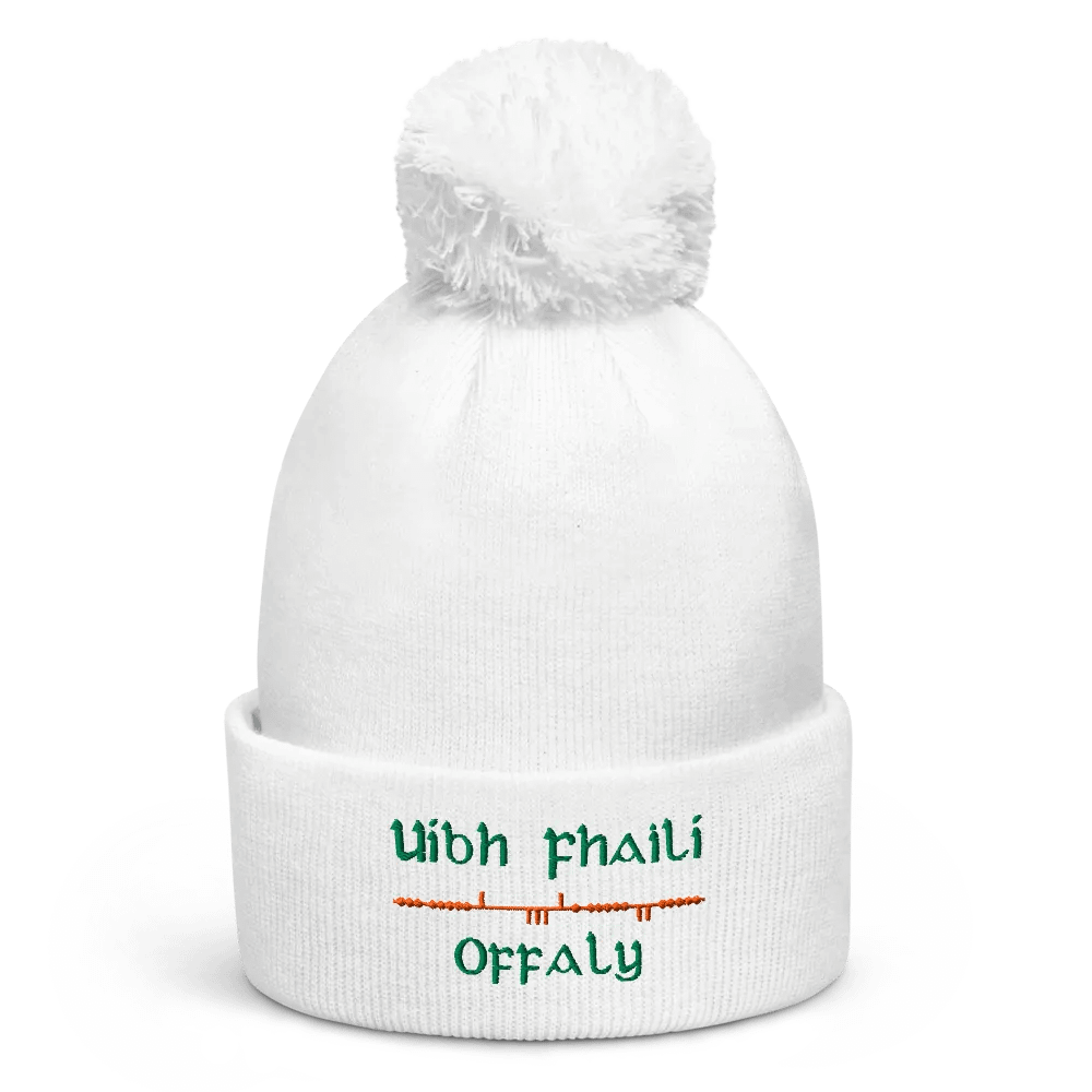 Offaly/Uíbh Fhailí Scholastic style Ogham, white with green and orange, embroidered Pom-Pom Beanie product image (1)