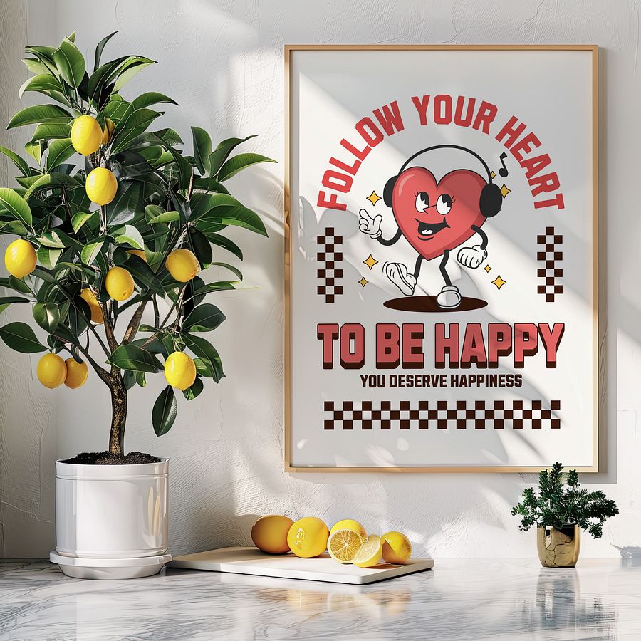 Follow Your Heart Happiness Quote & Vintage Heart Mascot Retro Art Print product image (3)