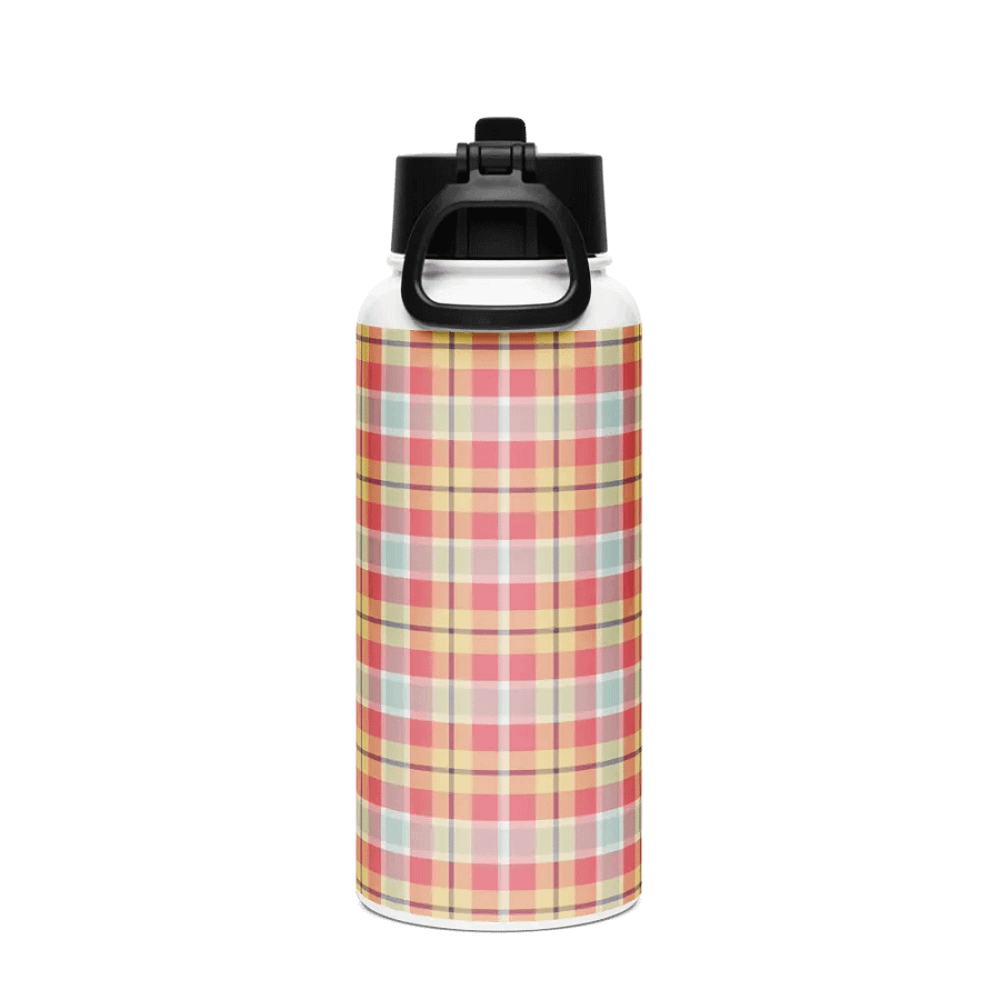 Coral Pink, Yellow, and Mint Plaid Water Bottle product image (3)