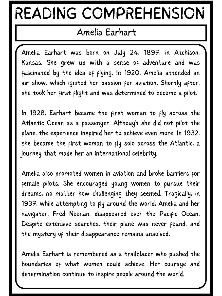 Amelia Earhart READING COMPREHENSION WITH 6 QUESTIONS PDF WORKSHEET product image (2)