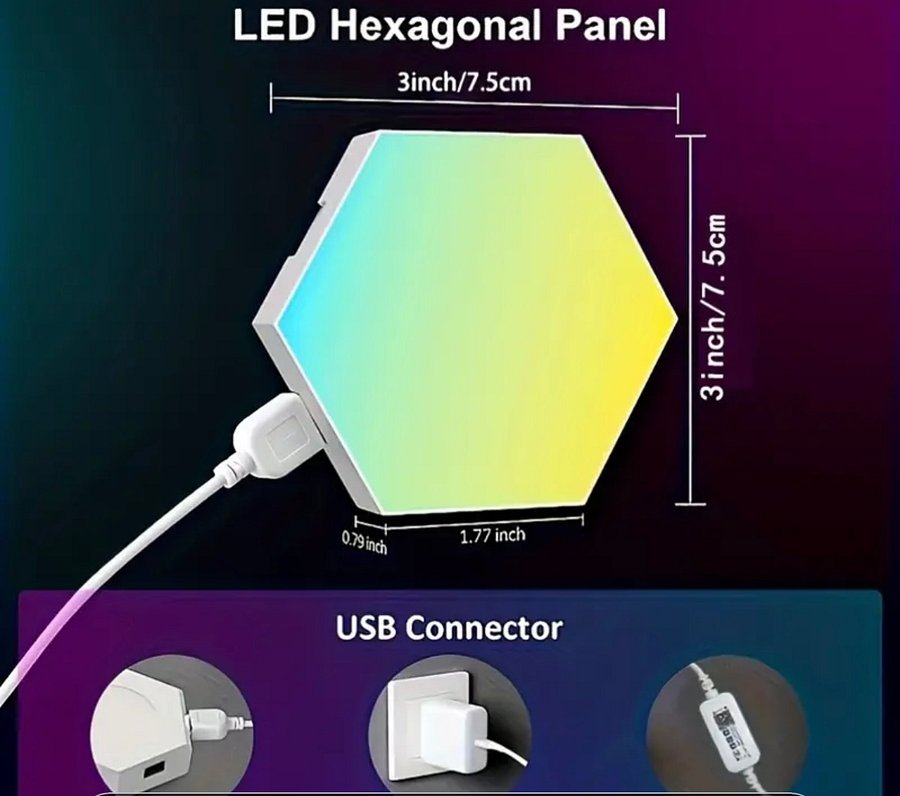 YETHKE Hexagonal LED Wall Light Panels - 6pcs Set, App-Controlled, Voice Sensor, USB Powered, Dimmable, Remote Included, Wireless, Wall-Mountable product image (1)
