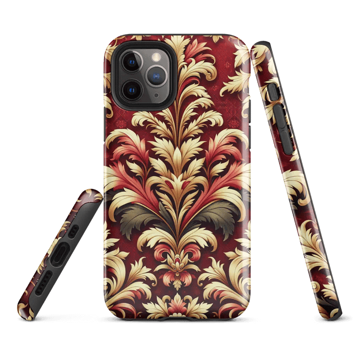 Tough Phone Case for iPhone® - Red Gold and Brown Rococo Damask Floral Pattern product image (1)