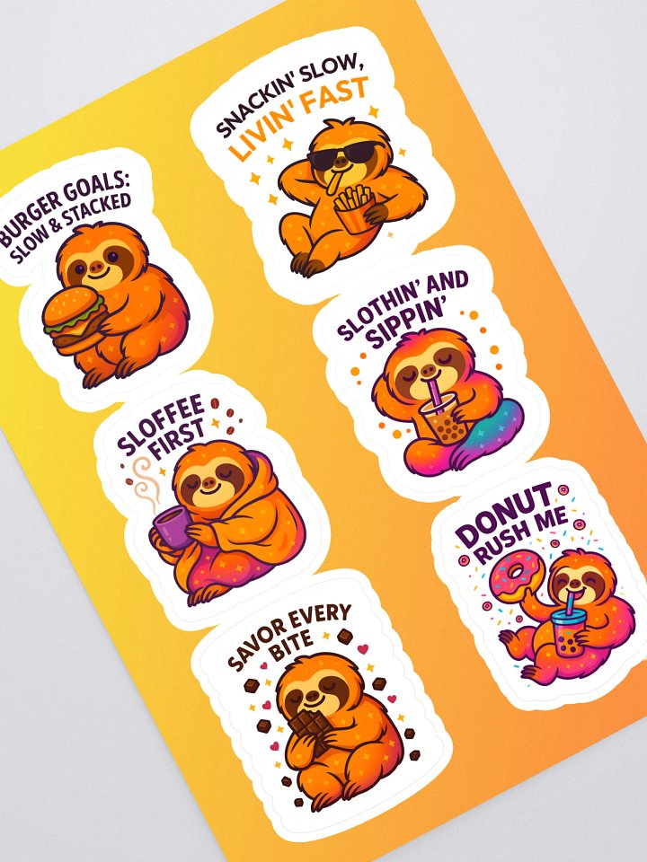 Sloths Having Snacks Sticker Sheet – Funny Sloth Food Stickers for Journals, Planners, Water Bottles & Gifts (6-Stickers) product image (1)