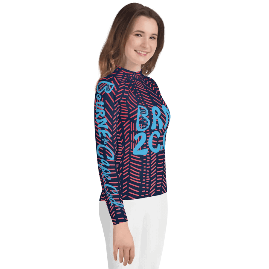 Girls' | YOUTH | Rash Guard | BRN.2C.C.™ Front Graphic | BOURNE to Cape Cod™ Sleeve & Back Logo | Coastal Swim Shirt for Kids | UV Protection Activewear | Blue Logo | Coral Dashes product image (4)