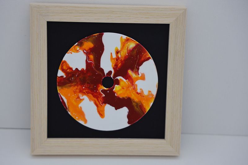 Framed Acrylic Pour Painting on CD - Maroon and Orange