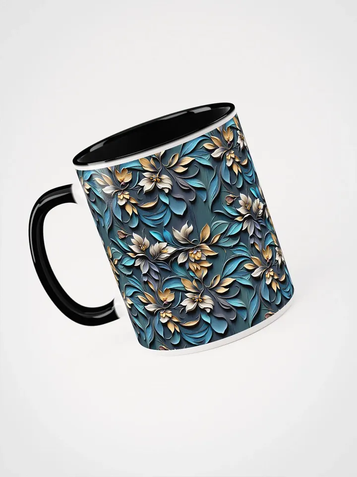 Coffee Mug with Color Inside - Sculpted Floral Pattern of Yellow-Brown Flowers on Blue Background product image (2)
