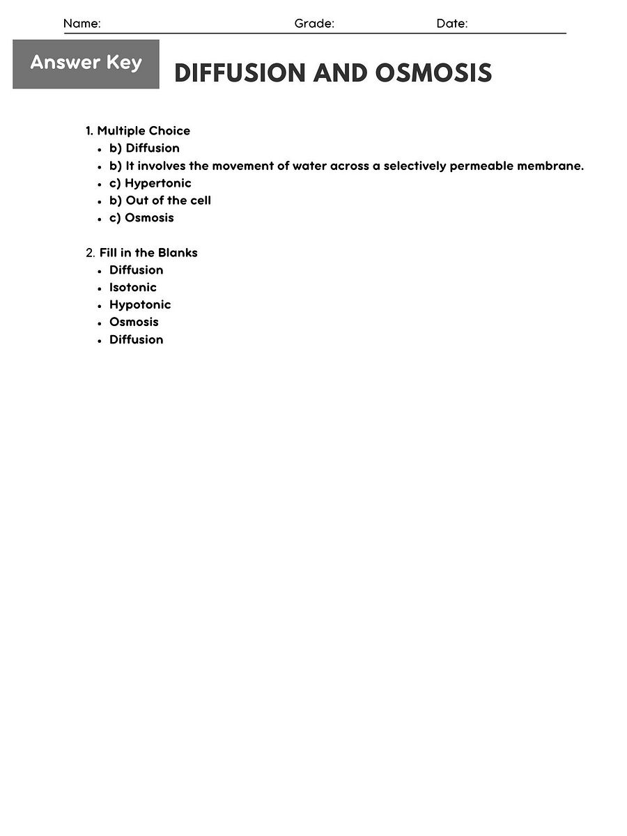 Biology Diffusion and Osmosis Worksheet - Printable PDF with Answer Key product image (2)