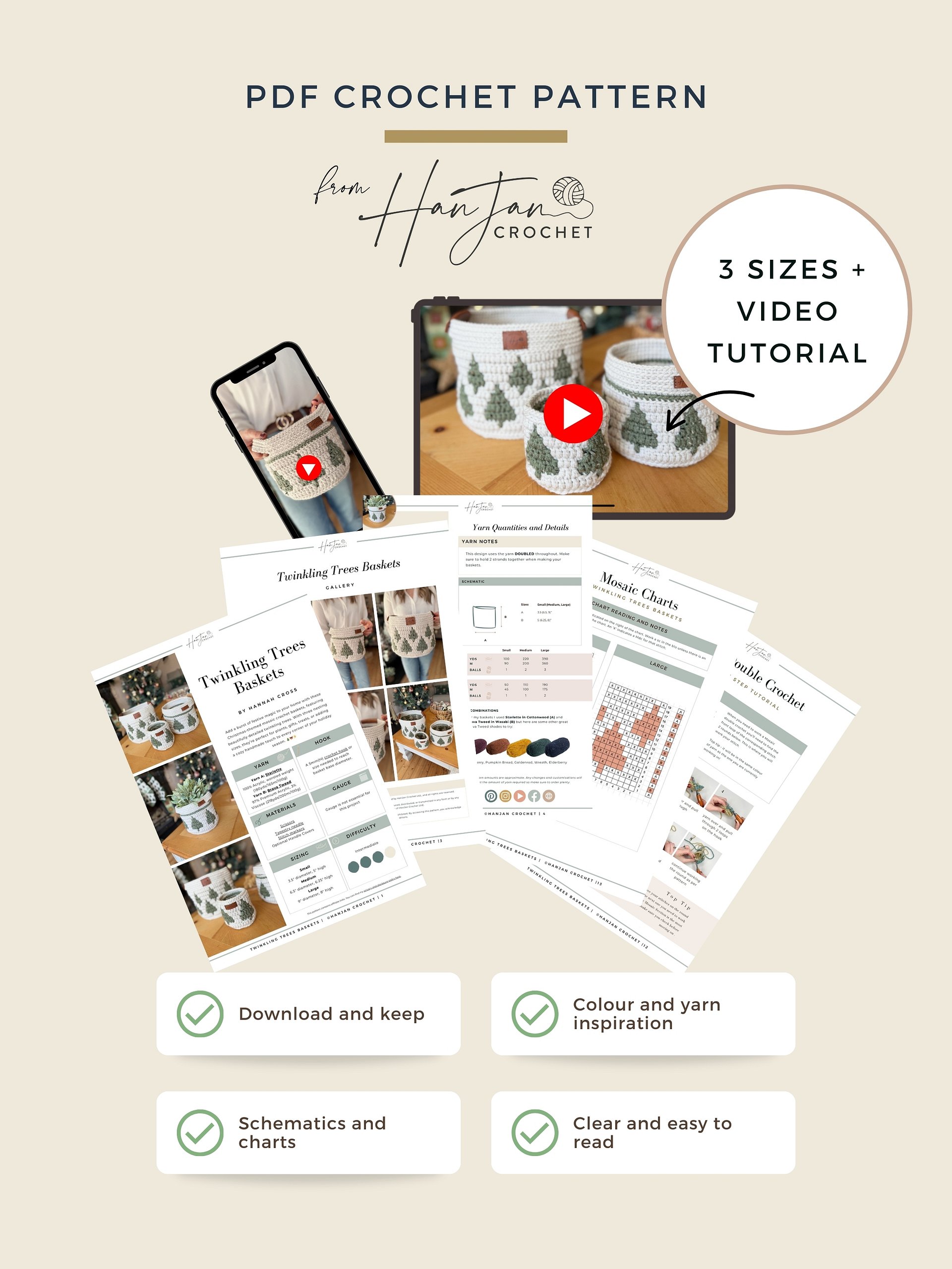 CROCHET PATTERN + VIDEO — Twinkling Trees Mosaic Crochet Baskets — 3 Nesting Sizes storage, gift, plantholder, Charts Included in PDF product image (5)