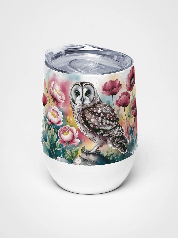 Curious Owl in Poppy Field 12 Oz Wine Tumbler – Whimsical Owl & Floral Watercolor Design product image (2)