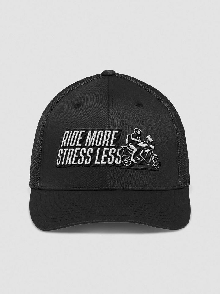RIDE MORE STRESS LESS Flexfit Trucker Hat product image (2)