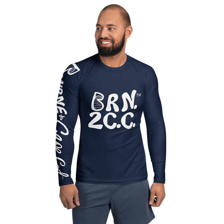 BRN.2C.C.™ /BOURNE to Cape Cod™ | Men’s Long Sleeve Rash Guard | UPF 50+ Active Coastal Shirt | White Logos on Navy Blue product image (1)