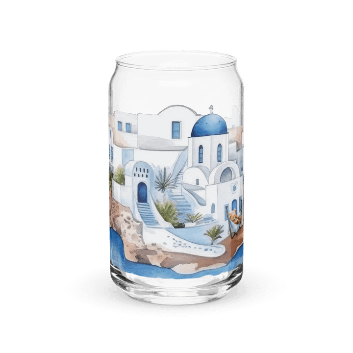 Santorini Dreaming Glass Can Tumbler | 16oz | Greek-Inspired Beverage Glass with Bamboo Lid & Straw product image (1)