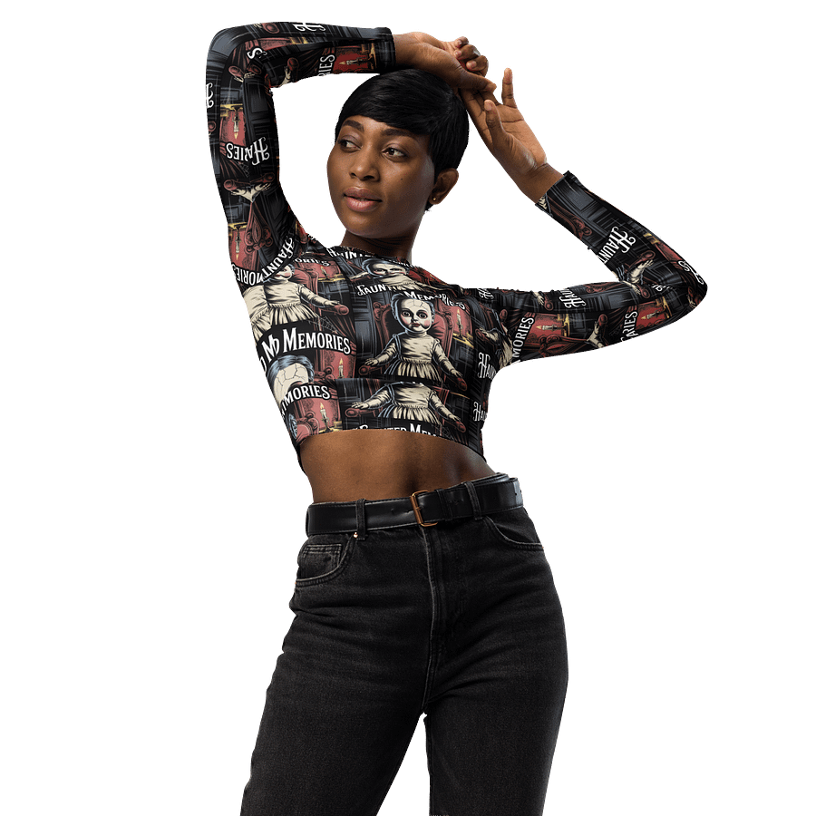 Midnight Veil Designs Gothic All-Over Print Long Sleeve Crop Top - Haunted Memories Black product image (3)