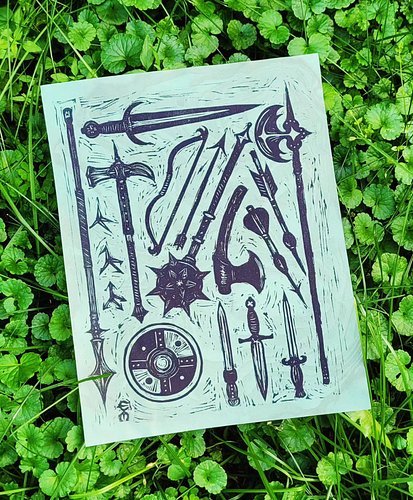 carved a new block! ⚔️ what's your item of choice from the armory?

will probably reprint at some point because my ink was a ...