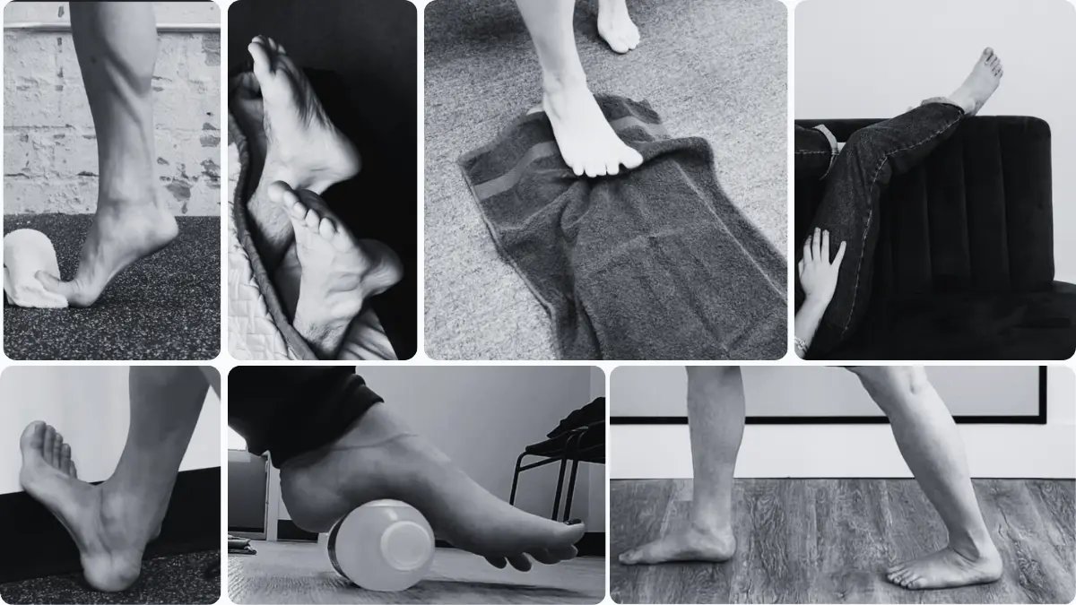 illustration showing plantar fasciitis heel pain relief exercises: calf stretch, toe stretch, floating heel, and ice therapy