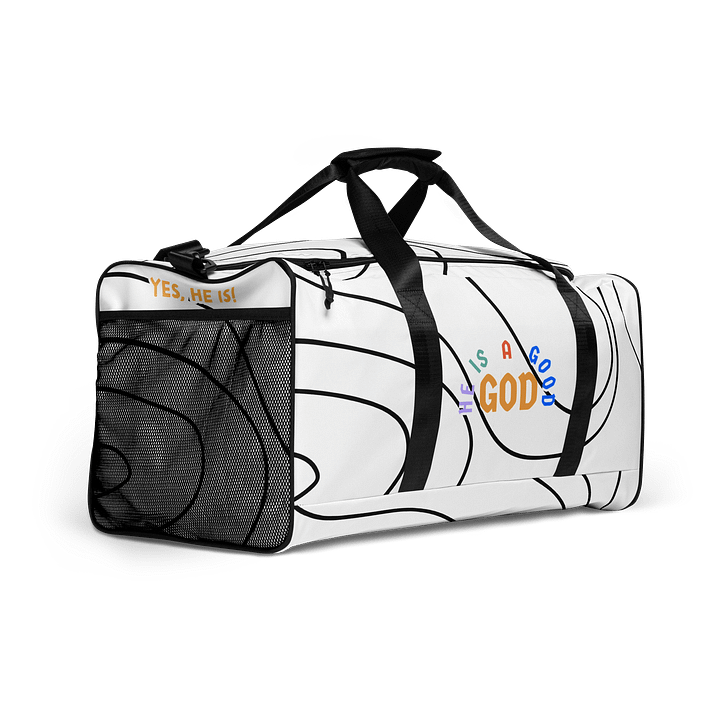 HE'S A GOOD GOD | Duffle Bag — Arc, Stylized Word Cross, Text — AOP Print product image (2)