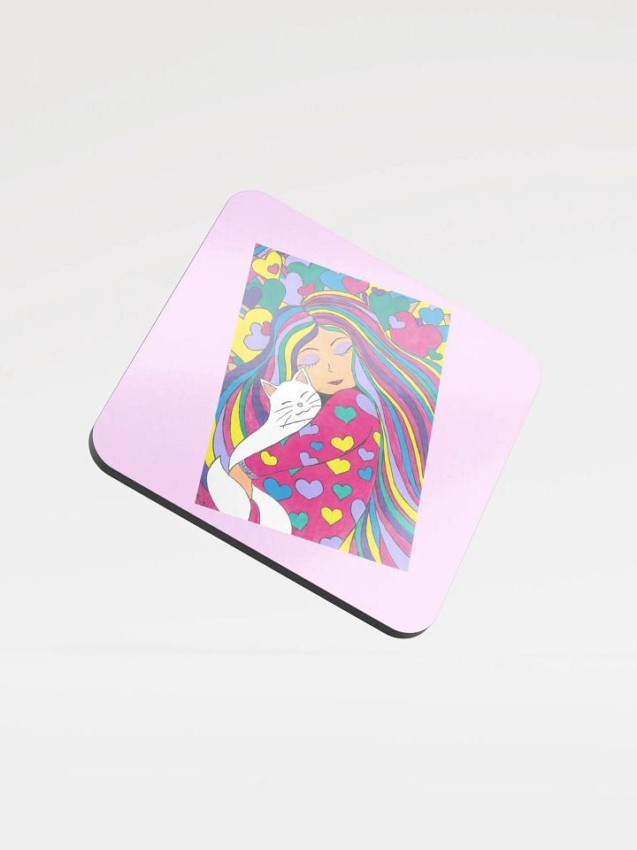 Girl with the white cat - (art by Dina R.) - acrylic painting picture - Glossed Cork Coaster product image (1)