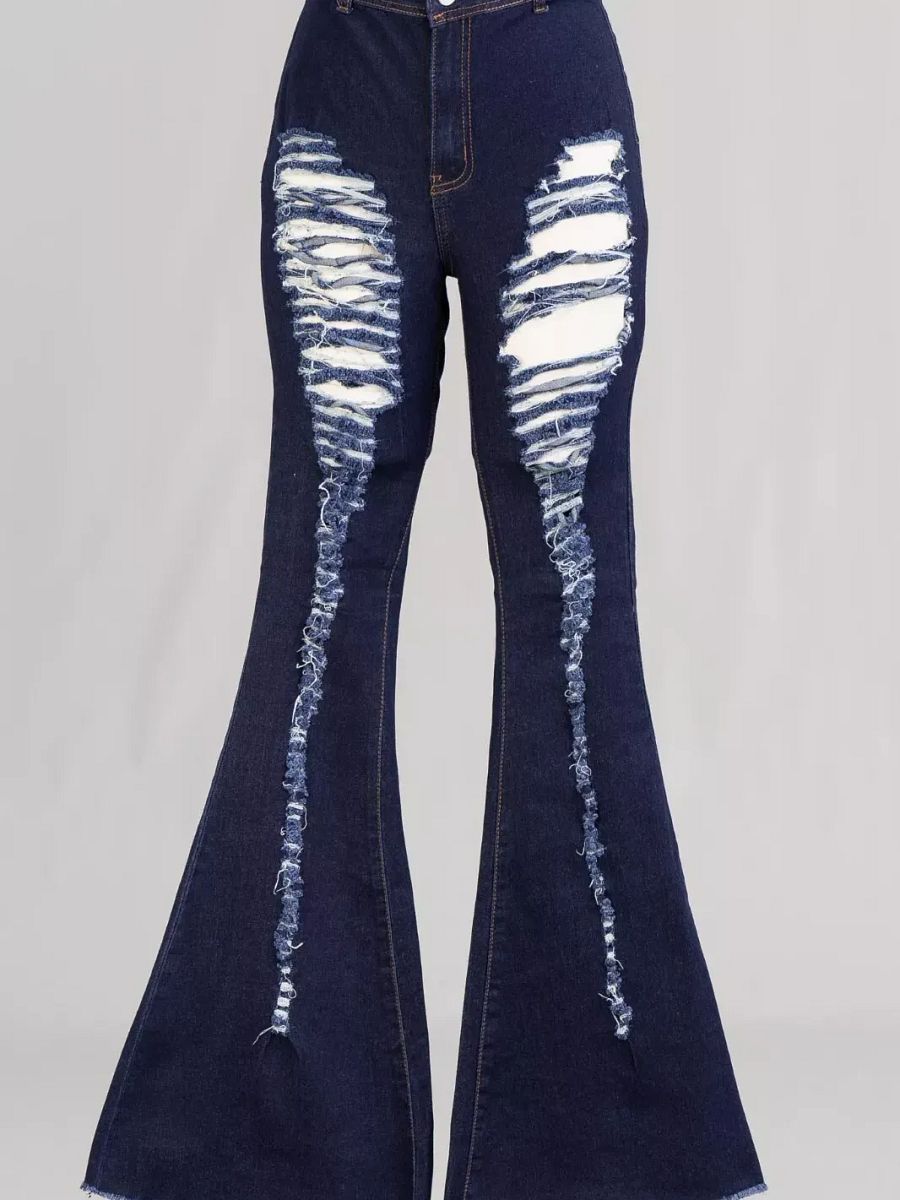 Size Medium H&Y Fashion HY331 Stretch Dark Blue Denim Distressed Flare Pants product image (1)