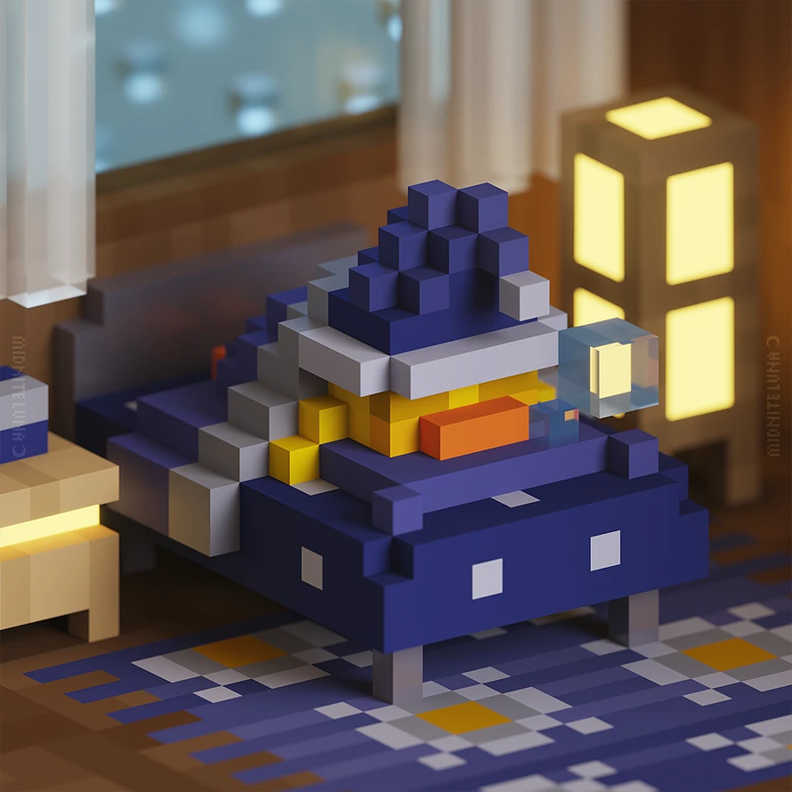 tiny duck with a blue night cap sleeps in bed while it rains outside the window