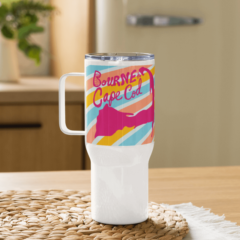 BOURNE to Cape Cod™ | Allcolor 267 | Stainless Steel Travel Mug with Handle | Insulated, Spill-Proof, Coastal Adventure Style | Pink Logo on Bright Stripes product image (1)