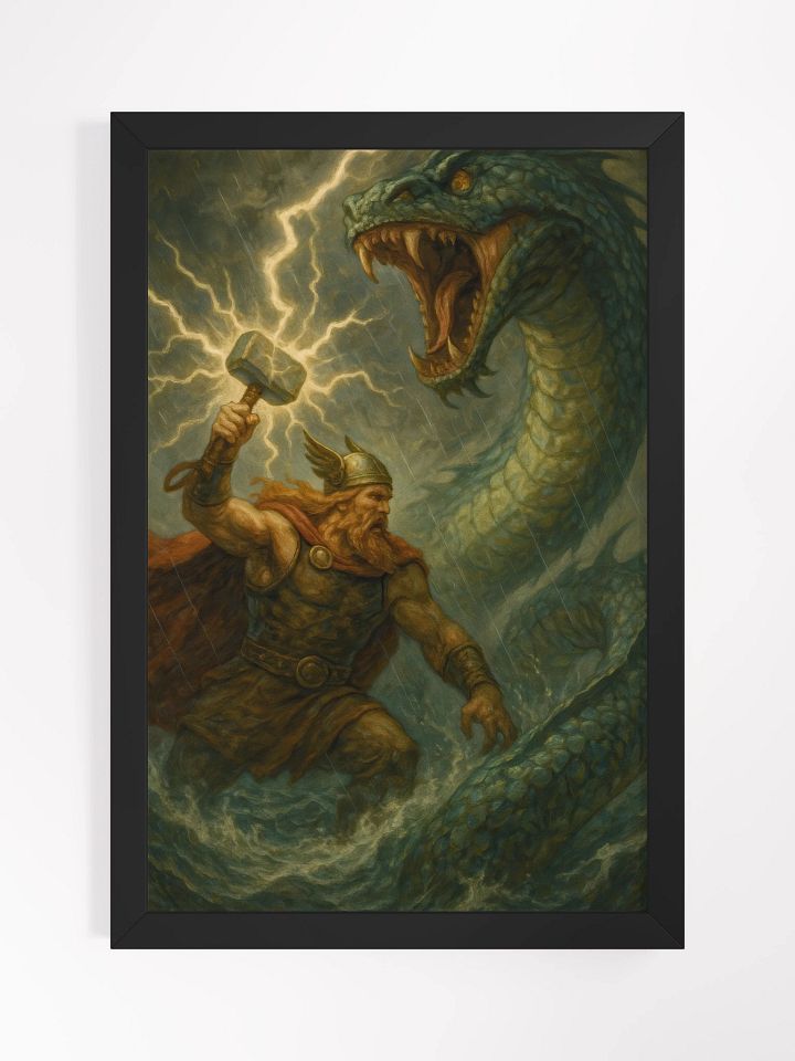 Thor vs Jormungandr Wood Matte Poster product image (1)
