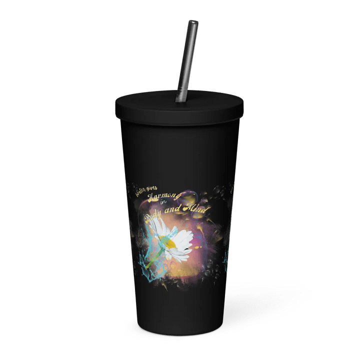 Insulated Tumbler with straw with beautiful swirly  water drop splash and drops design, featuring ‘This water gives Harmony in Body and Mind
