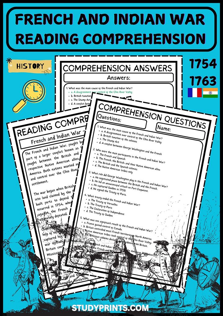 french and indian war Reading Comprehension Worksheet WITH 6 QUESTIONS PDF product image (1)