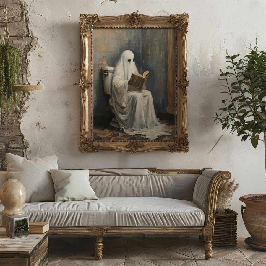 Ghost Reading a Book in Toilet Halloween Bathroom Wall Art Print product image (24)