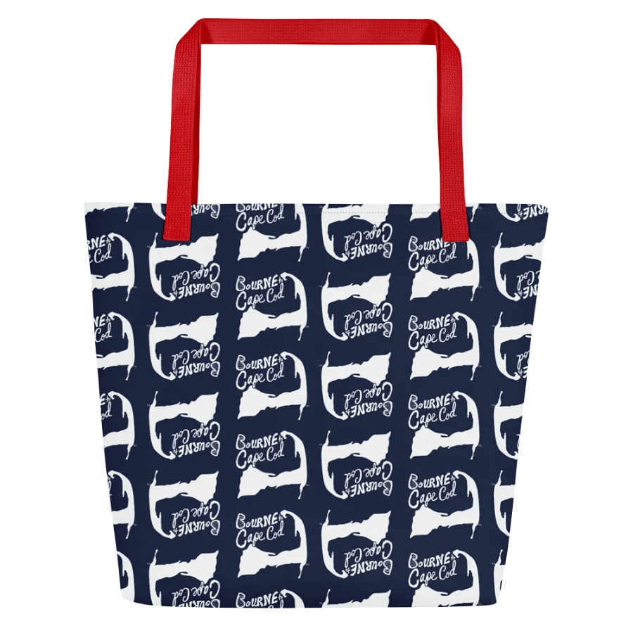 BOURNE to Cape Cod™ | Large Tote Bag with Pocket | Coastal Classic | All-Over Logo Print | White Logo Repeat on Navy product image (4)