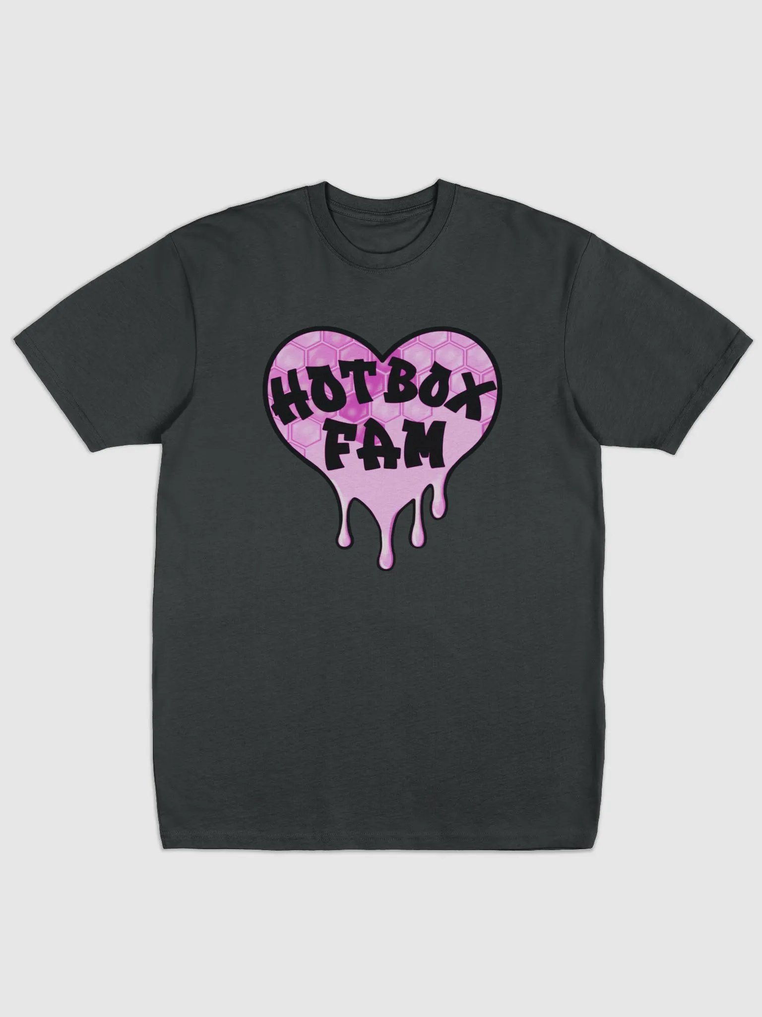UNISEX HOT BOX FAM BAD BITCHES DON'T GET TIRED PINK HONEY COMB LOGO GREY TEE product image (1)