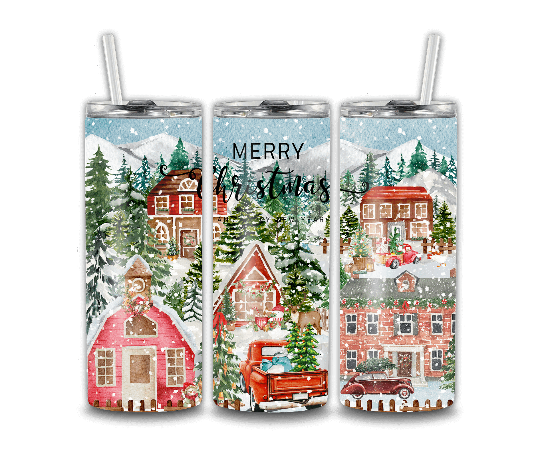 MERRY CHRISTMAS VILLAGE TUMBLER REUSABLE STRAW product image (1)