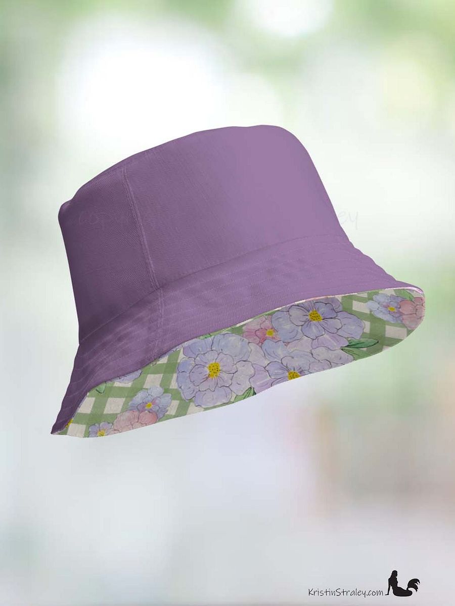 Reversible Bucket Hat Lavender Flowers on Gingham and Solid Plum product image (10)