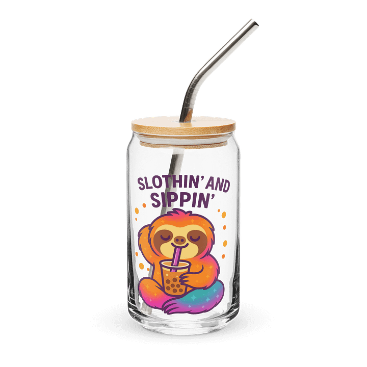 Slothin’ and Sippin’ – Funny Sloth Glass Cup with Lid & Straw | Sloths Having Snacks Collection product image (1)
