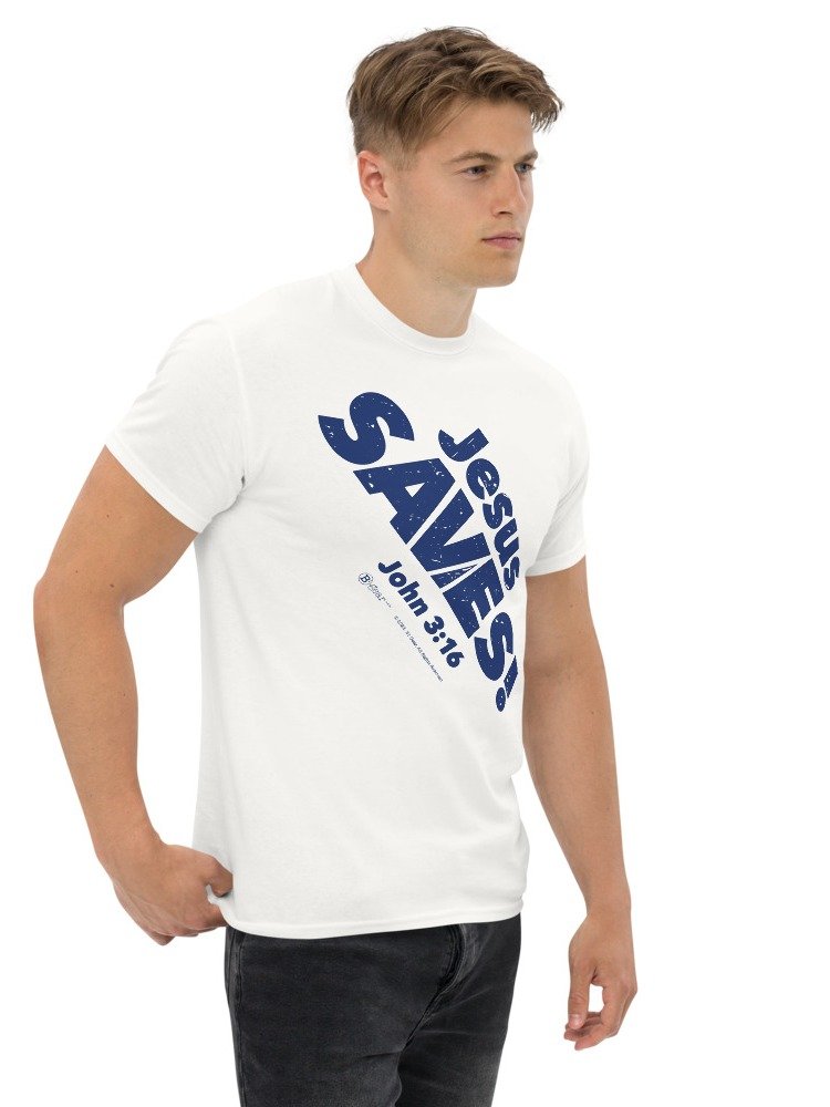 Jesus SAVES! Heavyweight Unisex Crewneck T-shirt | Gildan® 5000, Blue on White Shirt product image (5)