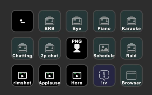 BRB, Bye, Piano, Karaoke. Chatting, 2p chat, PNG, Schedule, Raid. Rimshot, applause, horn, !rv, and Browser. 