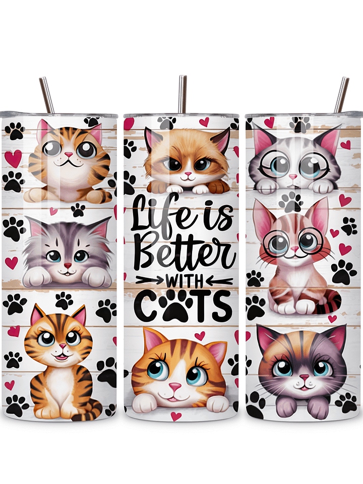 Life is Better with Cats 20oz Skinny Tumbler with Metal Straw – Cute Cat Design – Double-Walled Insulated Stainless Steel Tumbler for Hot & Cold Drinks, Gift for Cat Lovers product image (1)